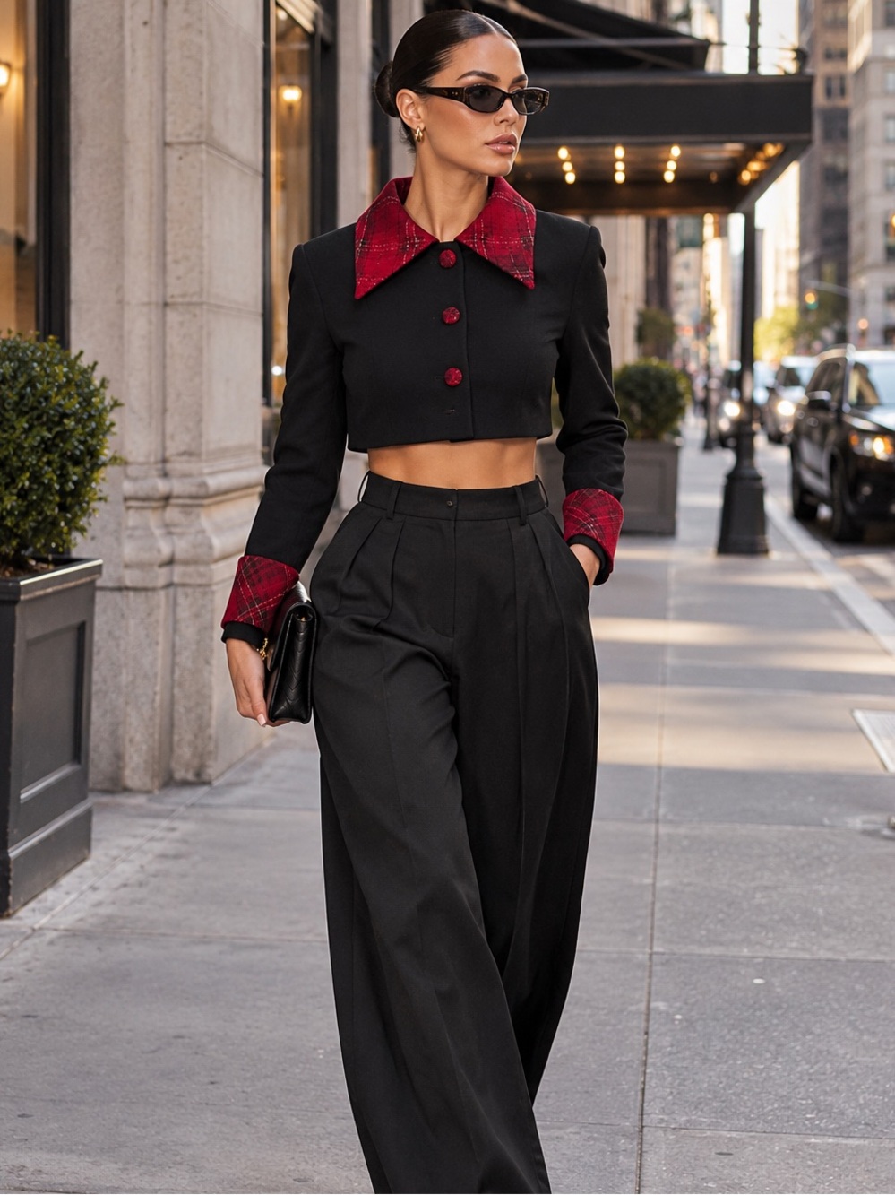 Y2K Black & Red Plaid Cropped Jacket | Tartan Collar & Cuffs | XXXL